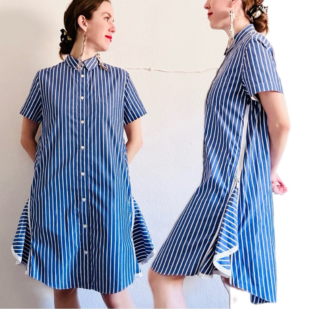 SACAI Blue Cotton Poplin Stripe Parachute Short Sleeve Collared Shirt Dress